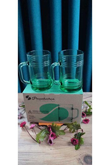 ORTAKÖY CENNETİ Beer Mug Glass 2 Pcs Pasabahce Green Color 55673 400 Cc8 cm Height 12 cm Height