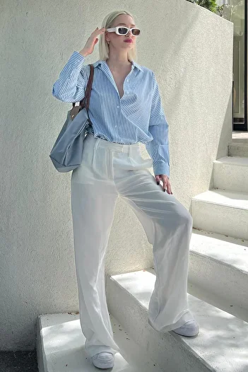 Madmext Ecru Belted Wide Leg Trousers MG1992