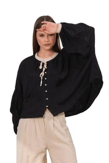 Nana & Mayka Moda Women's Oversize Shirt Garnished Round Neck 100% Viscose Loose Cut Shirt 2001