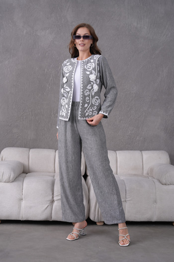 Miss Allos Women's Front Embroidered Rose Flower and Stone Detailed Linen Jacket and Trousers Bottom Top Set