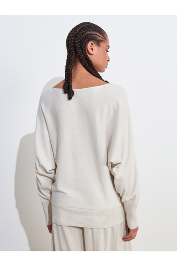 Dilvin 10735 Boat Neck Thin Knitwear Sweater-Beige Melange