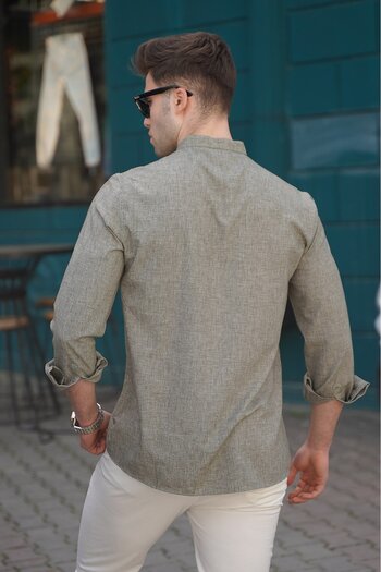 Madmext Men's Khaki Linen Plain Long Sleeve Shirt 5548
