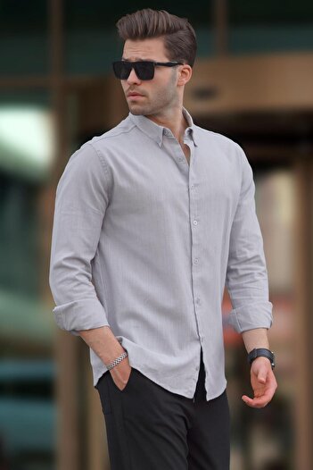 Madmext Long Sleeve Gray Cotton Linen Shirt - 6743