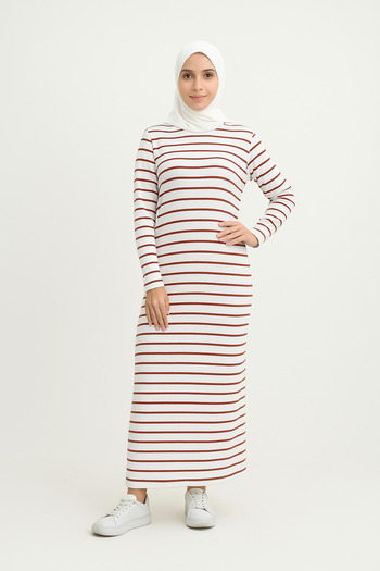 mirach Long Sleeve Maxi Length Striped Dress Full Length Two Yarn Cotton Casual Comfortable Dress Modern