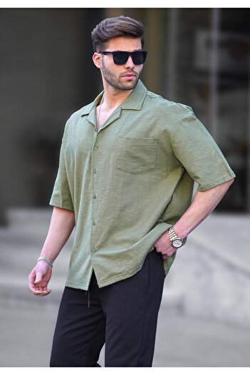 Madmext Khaki Short Sleeve Oversize Men's Shirt 6737