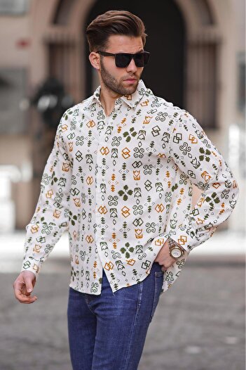 Madmext Khaki Patterned Long Sleeve Oversize Men's Shirt 6731
