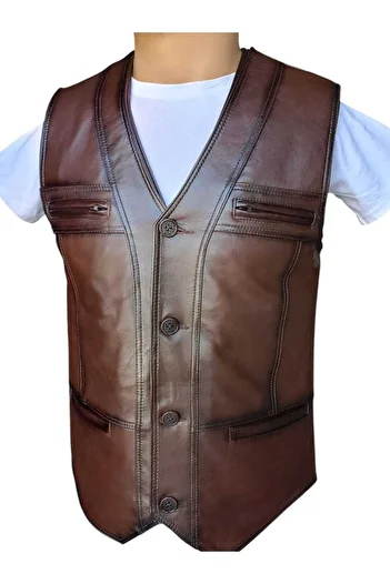 Savran Deri Brown Men's Classic Genuine Leather Vest