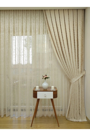 farbateks Ecru Cream Linen Jacquard Modern Pattern 3 Layer Pleated Background Curtain