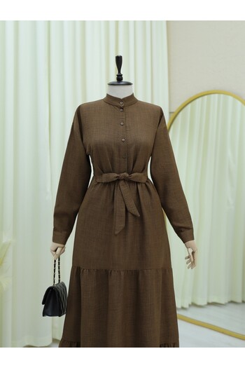 Modamorfo Half Button Stand Collar Tie Waist Linen Dress - Brown