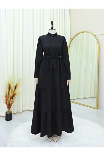 Modamorfo Half Button Stand Collar Tie Waist Linen Dress -Black