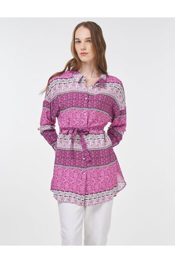 Kayra Floral Patterned Belted Viscose Tunic Candy Pink