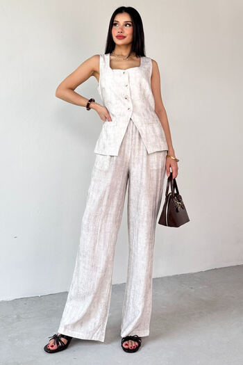 Cappmoda Tkm-13270 Stone Color Buttoned Pocket Detailed Vest High Waist Palazzo Trousers Two-Piece Set