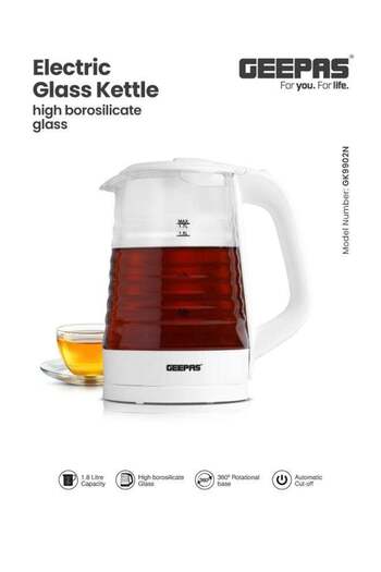 Geepas Electric Glass Kettle- 360-Degrees Rotation, Light Indicator and Automatic Cut-Off