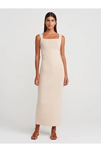 Dilvin 91460 Rochie midi cu guler pătrat-bej
