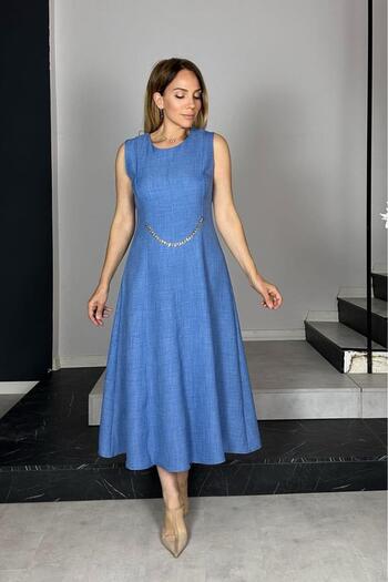 gesmoda G1385 Chain Detailed Sleeveless Linen Dress Indigo