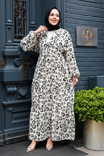 N.S NEVA STYLE Patterned Ecru Viscose Hijab Dress 235803E