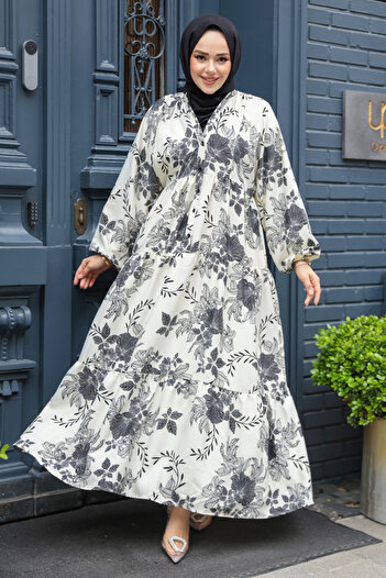 N.S NEVA STYLE Floral Patterned Ecru Viscose Hijab Dress 23588E