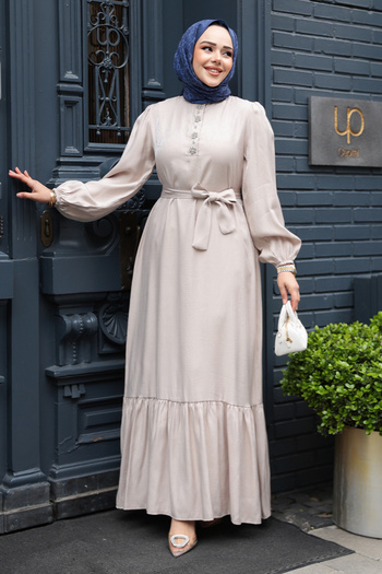 N.S NEVA STYLE Stone Detailed Stone Hijab Jacquard Dress 23891Tas