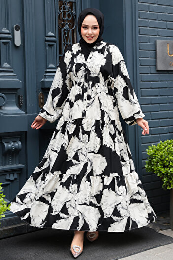 N.S NEVA STYLE Floral Patterned Black Viscose Hijab Dress 235801S