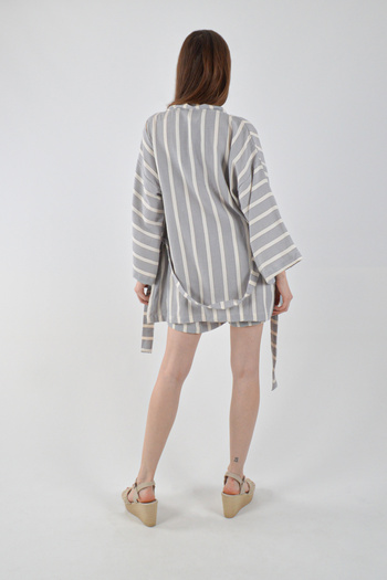REİNA TEKS Suit Kimono Shorts Thick Grey-White Thick Stripes Bottom-Top Suit Beach/Daily Wear
