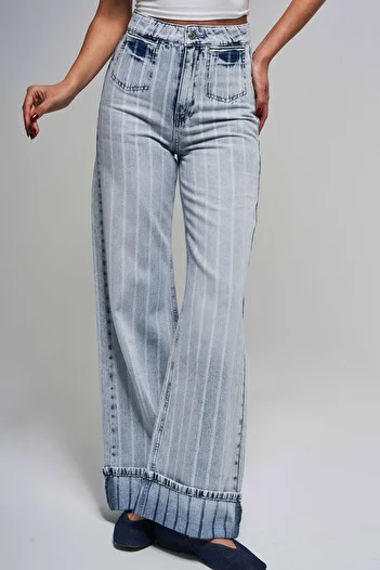 its basic Women's Striped Denim Color 4S5-3 Staright Fit Pocket Detailed 100% Koton Special Fabric Denim Jean
