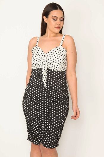 Şans Women's Large Size Black Gather Detailed Point Pattern Strap Dress 65n31795