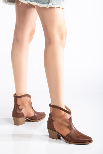 MS SUGAR SHOES Yazlık Taba Cilt Kadın Şeffaf Detaylı Topuklu Kovboy Ayakkabı