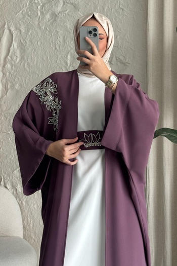 InStyle Abaya with Stone Collar and Bat Sleeve Dress Dusty Rose