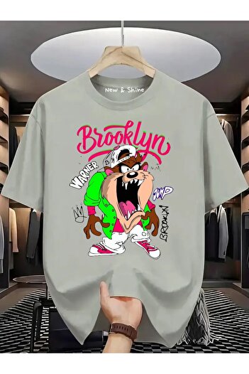 New Shine Sepette 6 Ve Üzeri Alımlarda 1 Tişört Hediyedir - Tazmanya Canavarı Baskılı Oversize T-shirt