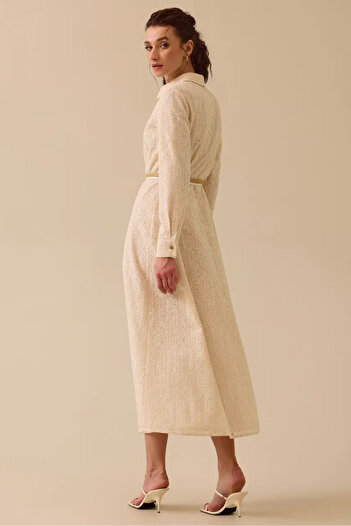 SEÇİL Women's Belted Patterned Lace Detailed Dress - Beige