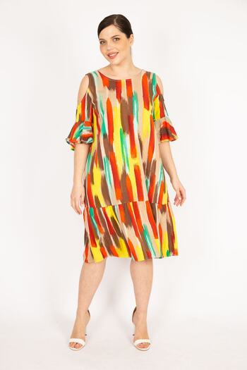 Şans Women's Yellow Large Size Off-Shoulder Woven Viscose Fabric Side Pocket Dress 65n36068