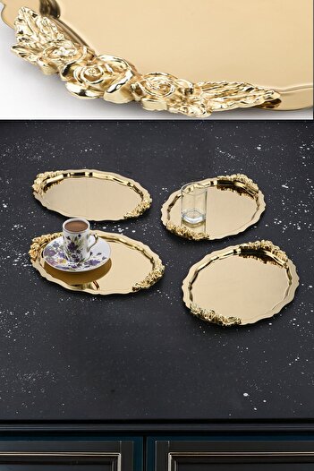 AHİR TİCARET 4 Adet Gold Oval Model Gül Motifli Kahve-Çay Sunum Tepsisi 25 cm x 20 cm