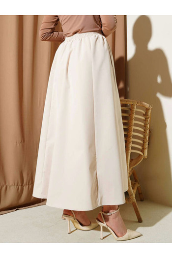 Kiremit Beige Elastic Waist Cotton Gabardine Flared Skirt