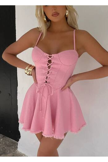 Diviny Women's Pink Strap Chest Drawstring Binding Detail Mini Denim Flared Dress