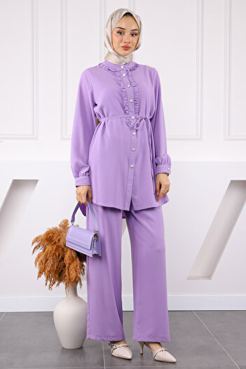 İmajButik Linda Set with Lilac Ruffled Front Tunic Trousers