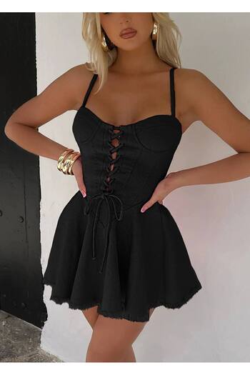 Diviny Women's Black Strap Chest Drawstring Binding Detail Mini Denim Flared Dress
