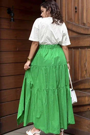 bacc Women's Green Pocket Elastic Waist Self-Fold Voile Kiloş Skirt Bcbsk-25700-3574