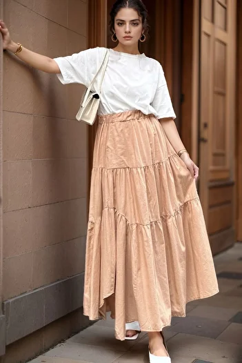 bacc Women's Camel Pocket Elastic Waist Self-Fold Voile Kiloş Skirt Bcbsk-25700-3574