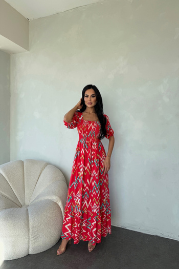 LİLA İSTANBUL Square Neck Watermelon Sleeve Gimped Ethnic Patterned Summer Dress