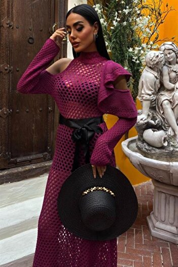 buğrahayalin Satin Belted Openwork Knitwear Dress 2847