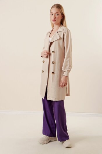 EyesOf 5864 Double Breasted Collar Short Trench Coat - Beige