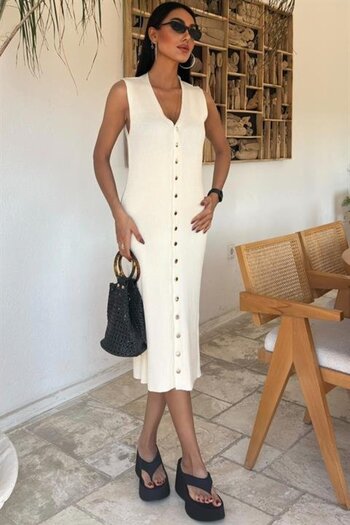 Kokosh moda Buttoned Front Ribbed Sleeveless Dress 2832