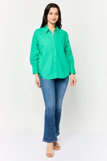 Bebe Women Pointed Collar Long Sleeves Plain Shirt, Green