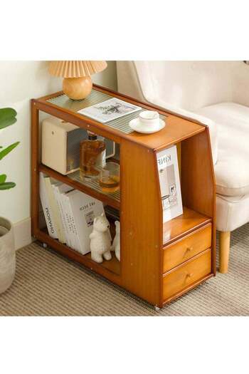 COOYA Portable storage side table,wooden texture,movable,with glass and two drawers,for decoration,brown