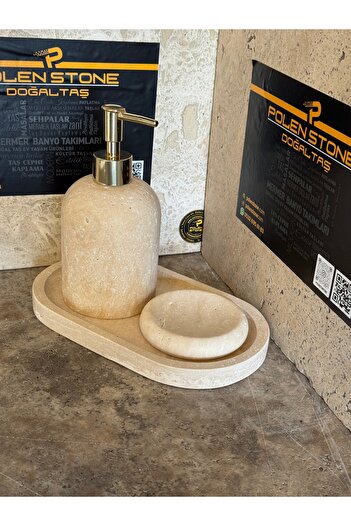 Polen Stone Traverten 3’lü Banyo Seti – Sıvı Sabunluk, Katı Sabunluk ve Oval Tepsi