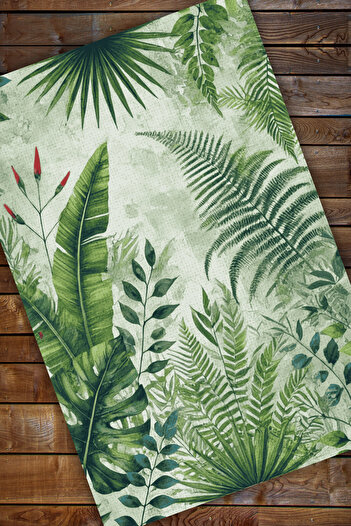 The Reef Design Jungle Yapraklı Halı Dijital Baskılı Dokuma Kaymaz Tabanlı Halı Yaprak Desenli Oturma Odası Halısı