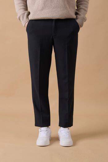 BRACCAS Men's Navy Blue Chino Trousers with Half Elastic Waist and Zipper