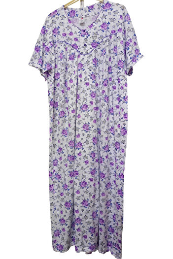 Flamingo Women's Lilac White Short Sleeve Combed Cotton Mother Nightgown
