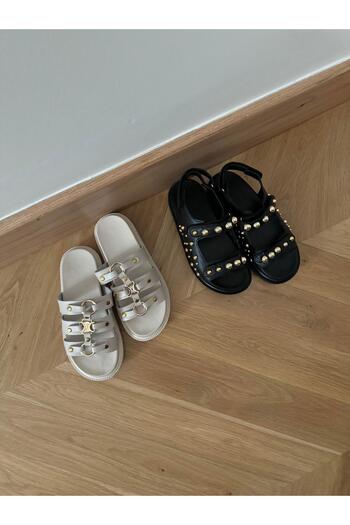 Eataly Shoes Cell Beige 3 Striped Buckle Detailed Slipper