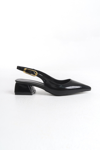 Entella Store Women's Black Patent Leather Buckle Strap New Season Short 3 cm Heeled Shoes